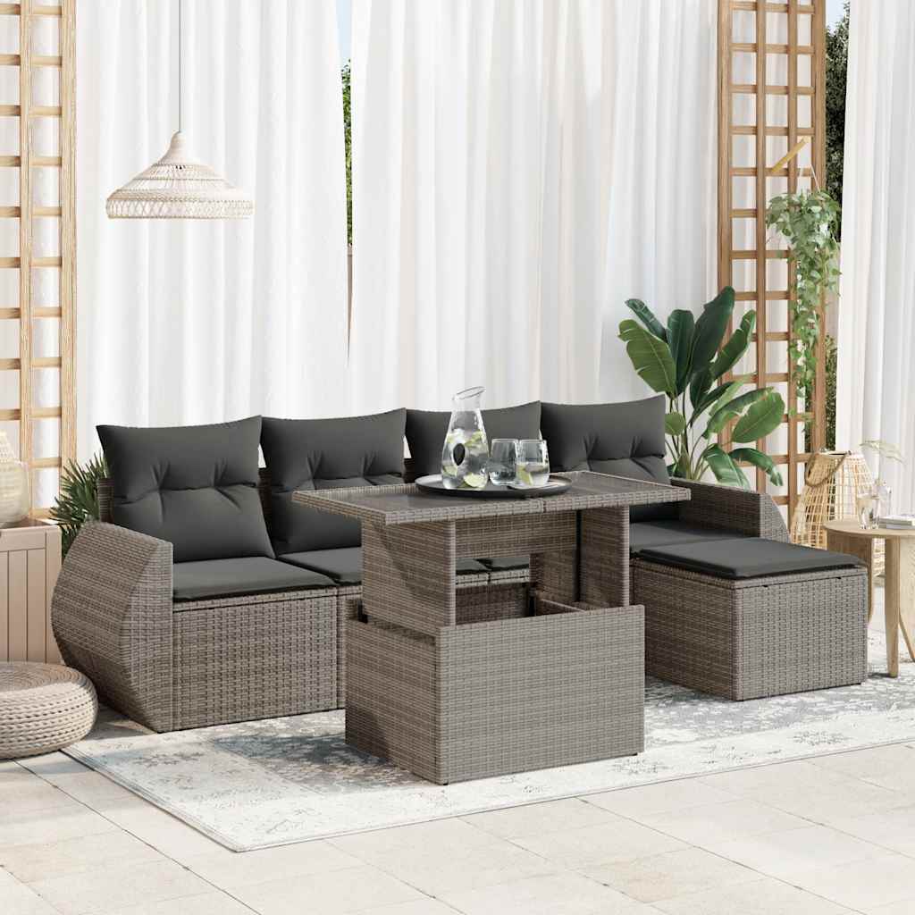 6-delige Loungeset met kussens poly rattan grijs