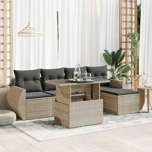 6-delige Loungeset met kussens poly rattan lichtgrijs