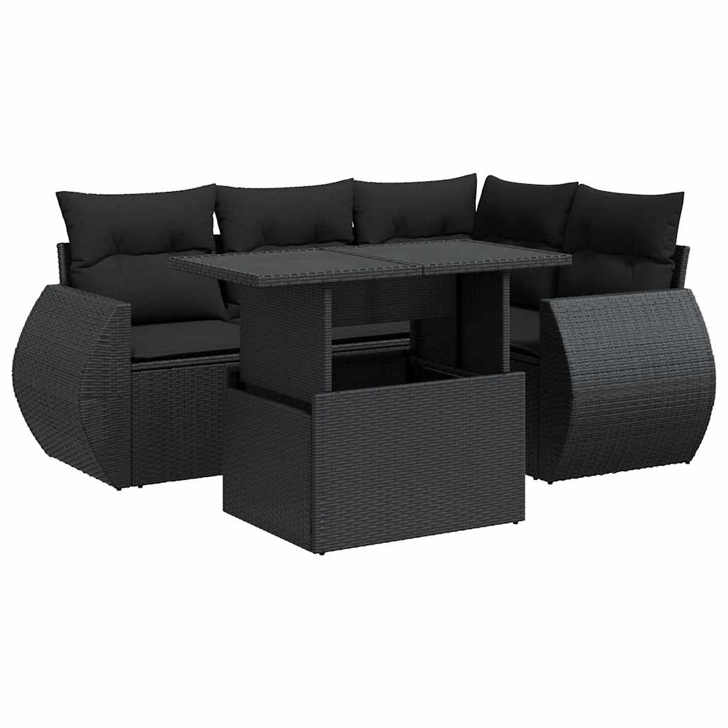 5-delige Loungeset met kussens poly rattan zwart