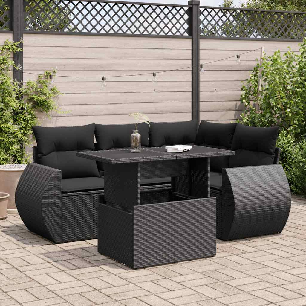 5-delige Loungeset met kussens poly rattan zwart