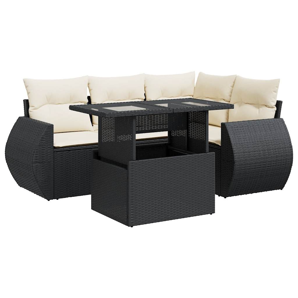 5-delige Loungeset met kussens poly rattan zwart