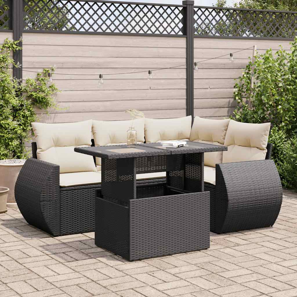 5-delige Loungeset met kussens poly rattan zwart