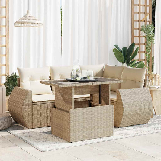 5-delige Loungeset met kussens poly rattan beige