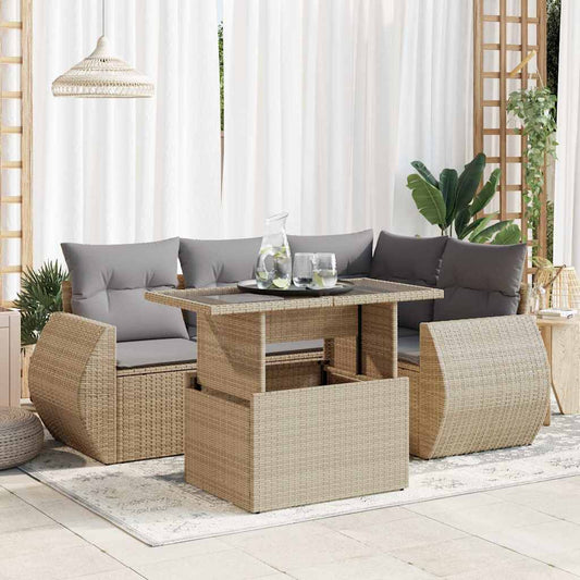 5-delige Loungeset met kussens poly rattan beige