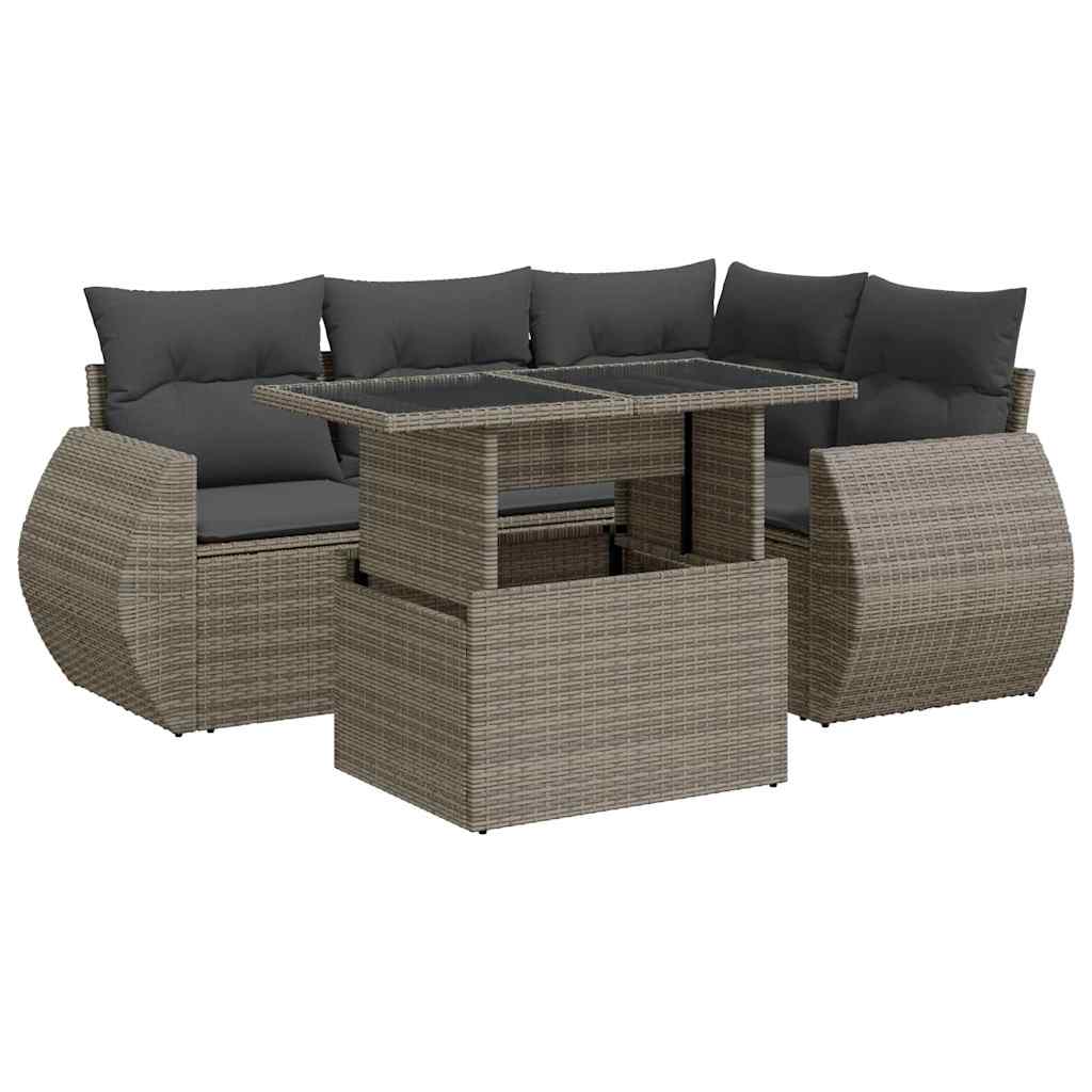 5-delige Loungeset met kussens poly rattan grijs