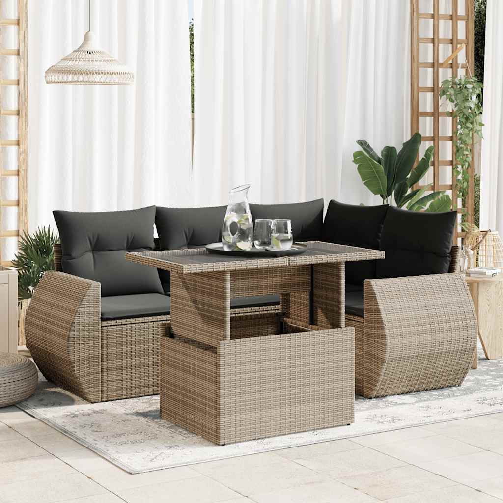 5-delige Loungeset met kussens poly rattan grijs