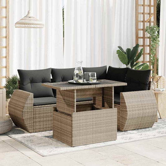 5-delige Loungeset met kussens poly rattan grijs