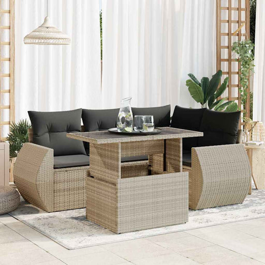 5-delige Loungeset met kussens poly rattan lichtgrijs