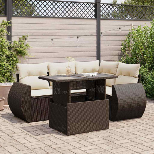 5-delige Loungeset met kussens poly rattan bruin