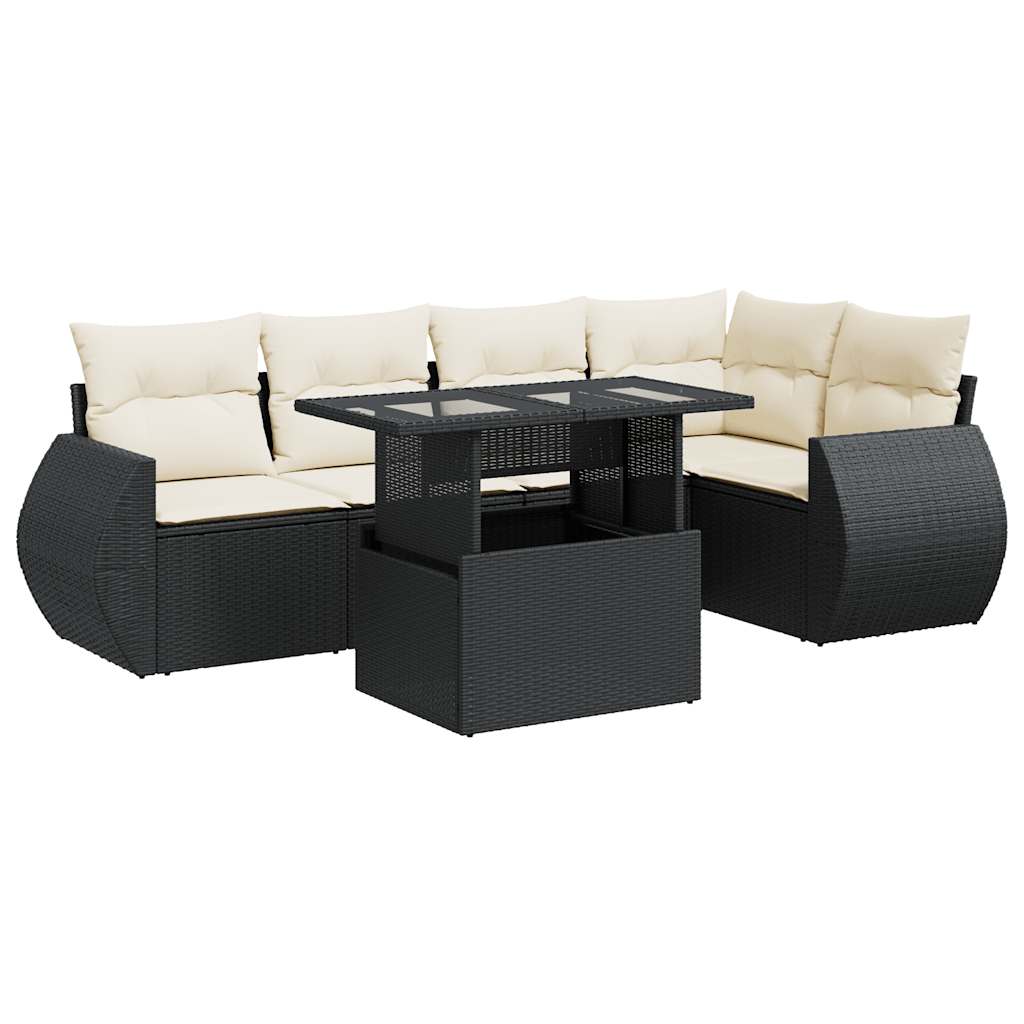 6-delige Loungeset met kussens poly rattan zwart