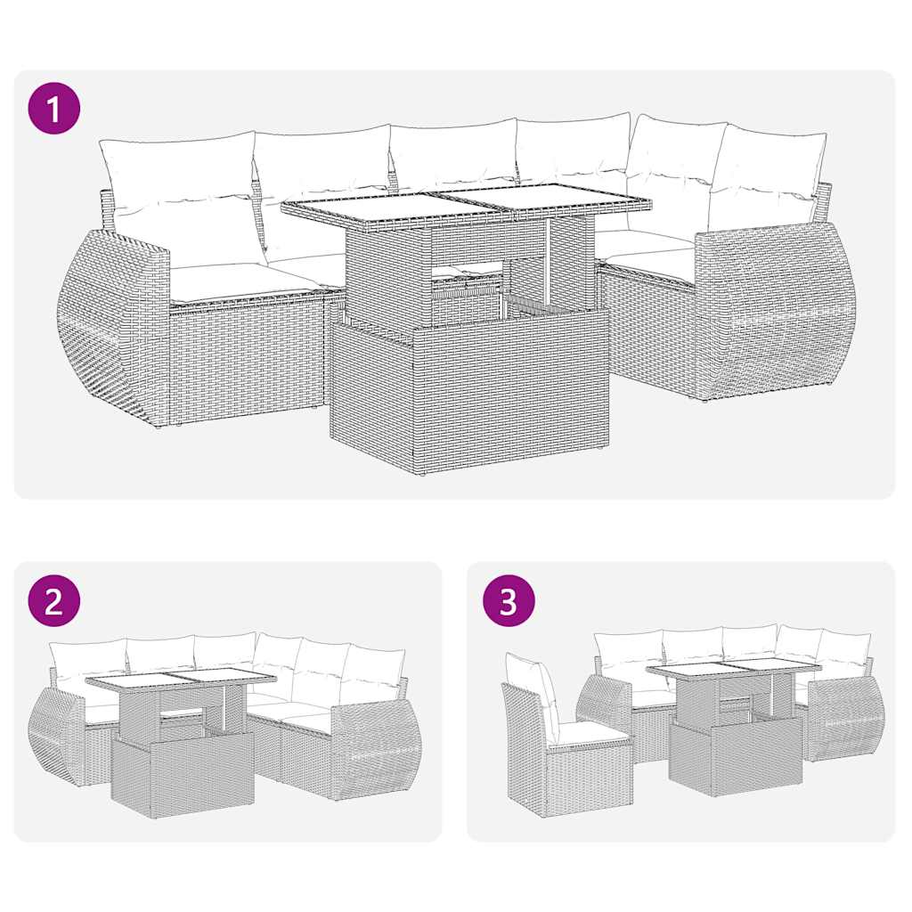 6-delige Loungeset met kussens poly rattan zwart