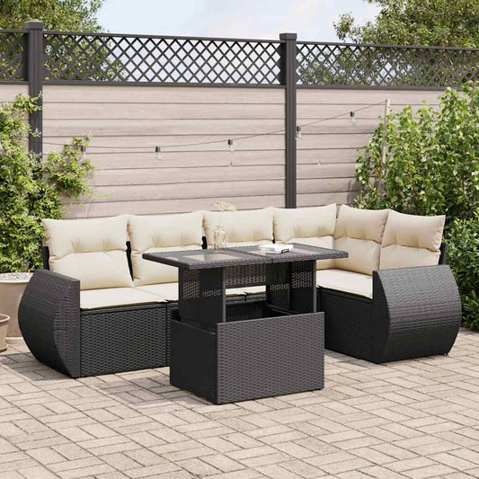 6-delige Loungeset met kussens poly rattan zwart