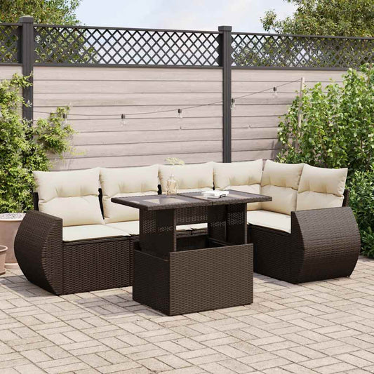 6-delige Loungeset met kussens poly rattan bruin