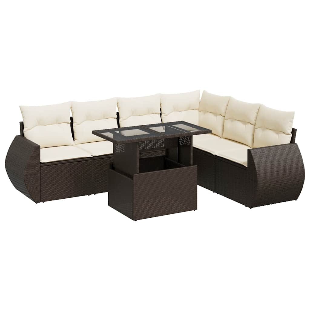 7-delige Loungeset met kussens poly rattan bruin