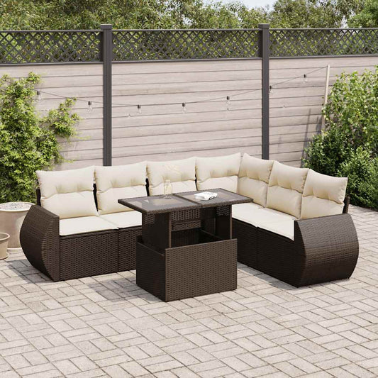 7-delige Loungeset met kussens poly rattan bruin