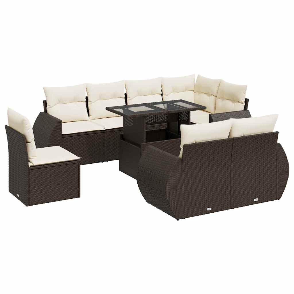 9-delige Loungeset met kussens poly rattan bruin