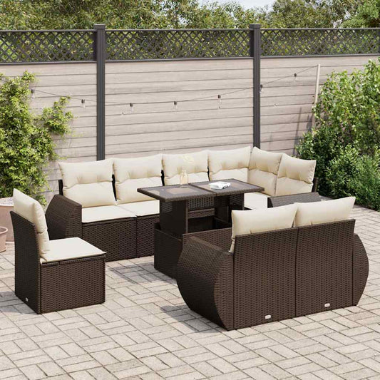 9-delige Loungeset met kussens poly rattan bruin