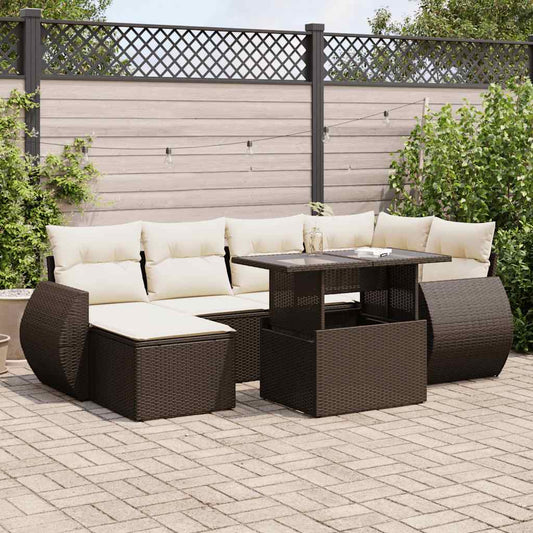 7-delige Loungeset met kussens poly rattan bruin