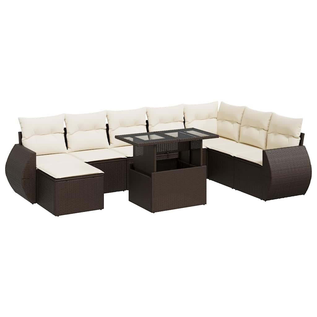 9-delige Loungeset met kussens poly rattan bruin