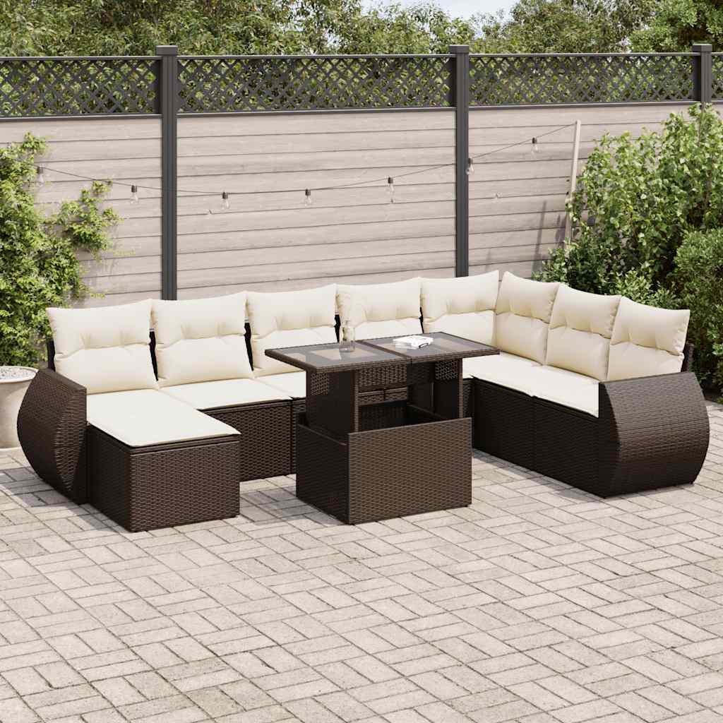 9-delige Loungeset met kussens poly rattan bruin