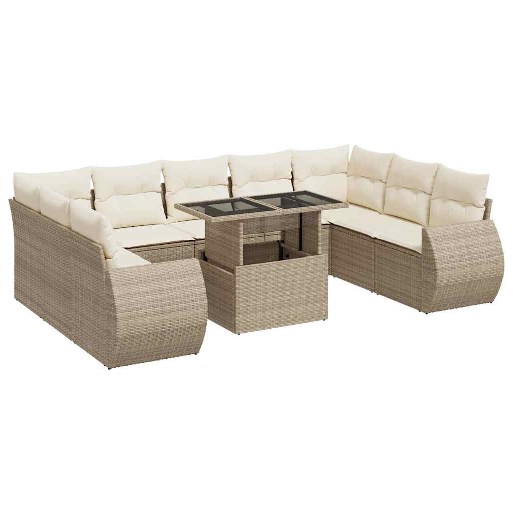 10-delige Loungeset met kussens poly rattan beige