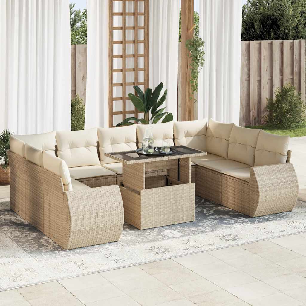 10-delige Loungeset met kussens poly rattan beige