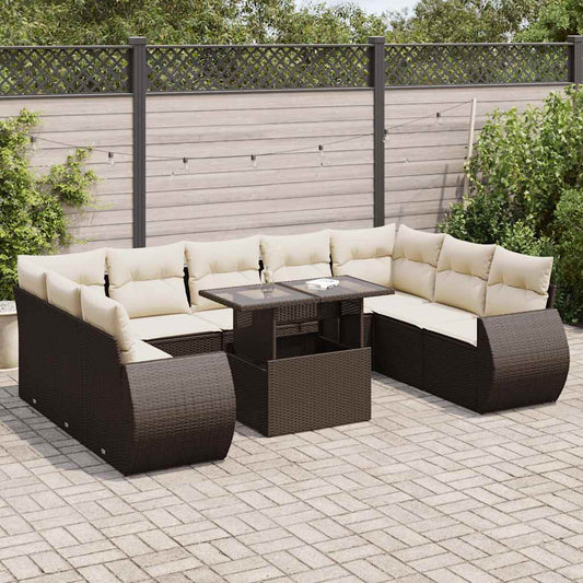 10-delige Loungeset met kussens poly rattan bruin