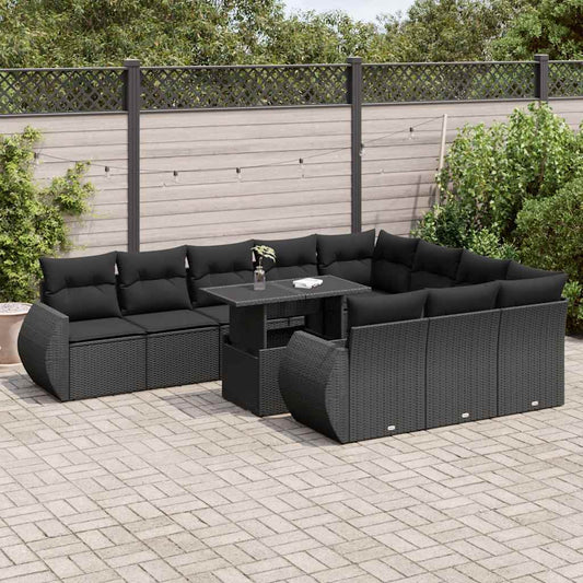 11-delige Loungeset met kussens poly rattan zwart