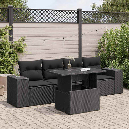 5-delige Loungeset met kussens poly rattan zwart