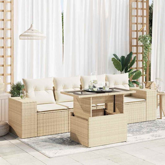 5-delige Loungeset met kussens poly rattan beige