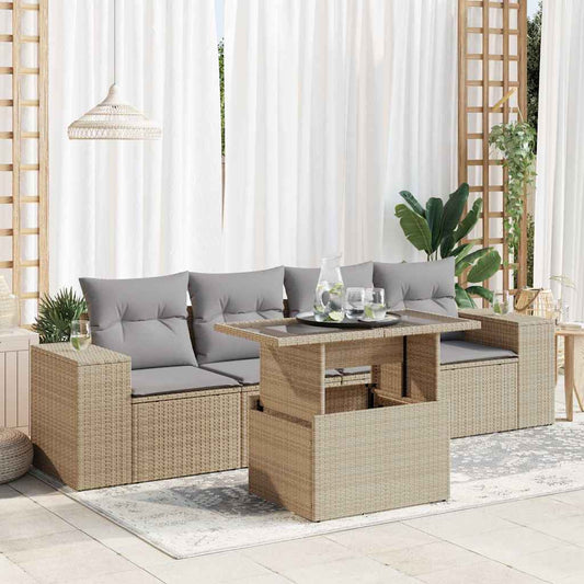 5-delige Loungeset met kussens poly rattan beige