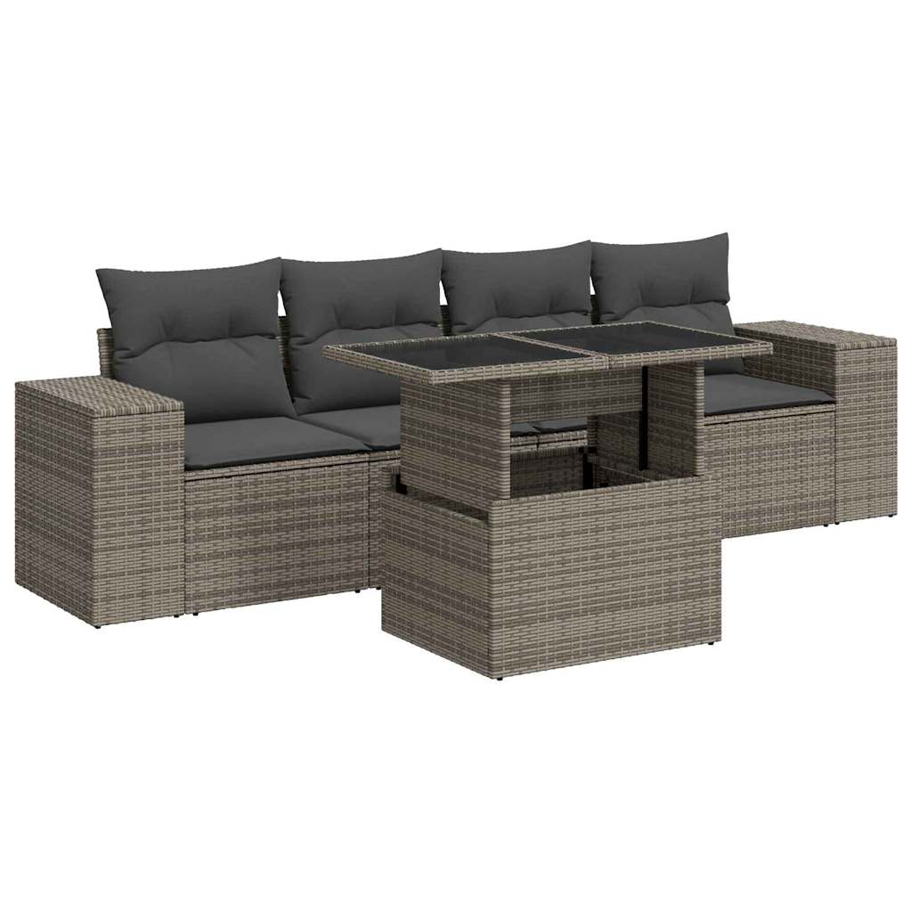 5-delige Loungeset met kussens poly rattan grijs