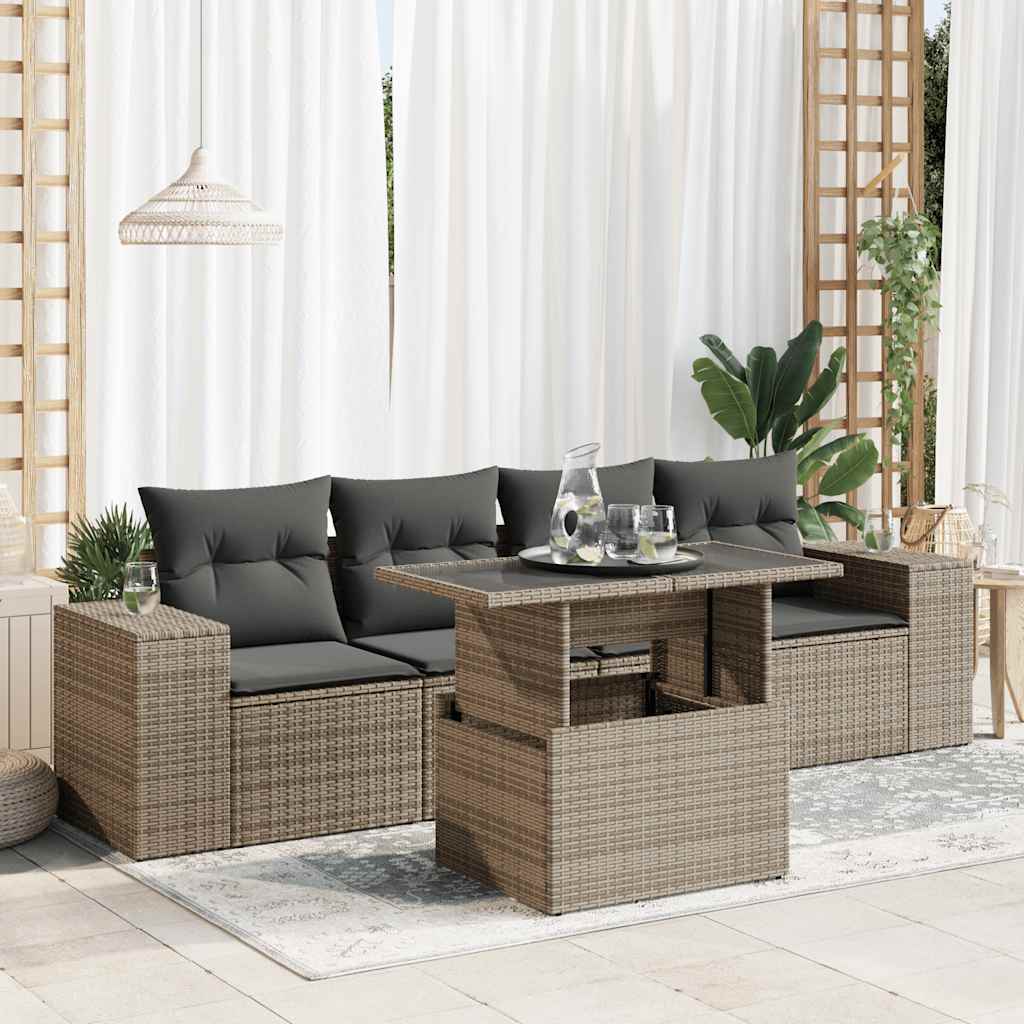 5-delige Loungeset met kussens poly rattan grijs