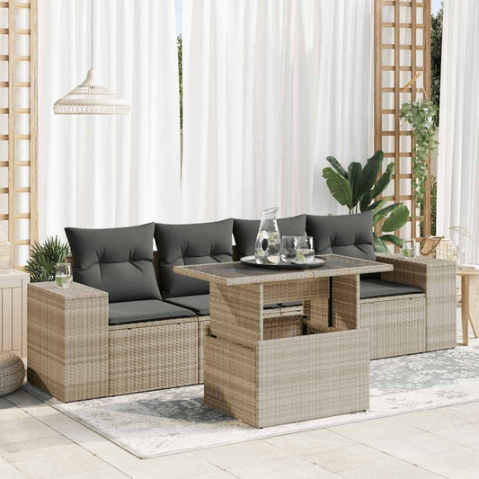 5-delige Loungeset met kussens poly rattan lichtgrijs