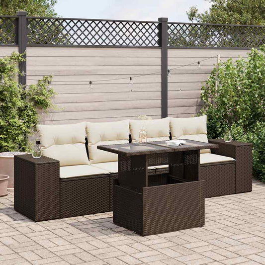 5-delige Loungeset met kussens poly rattan bruin