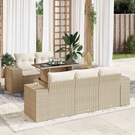 6-delige Loungeset met kussens poly rattan beige