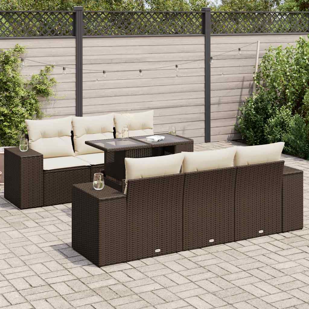 7-delige Loungeset met kussens poly rattan bruin