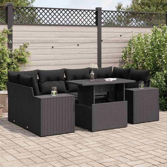 7-delige Loungeset met kussens poly rattan zwart