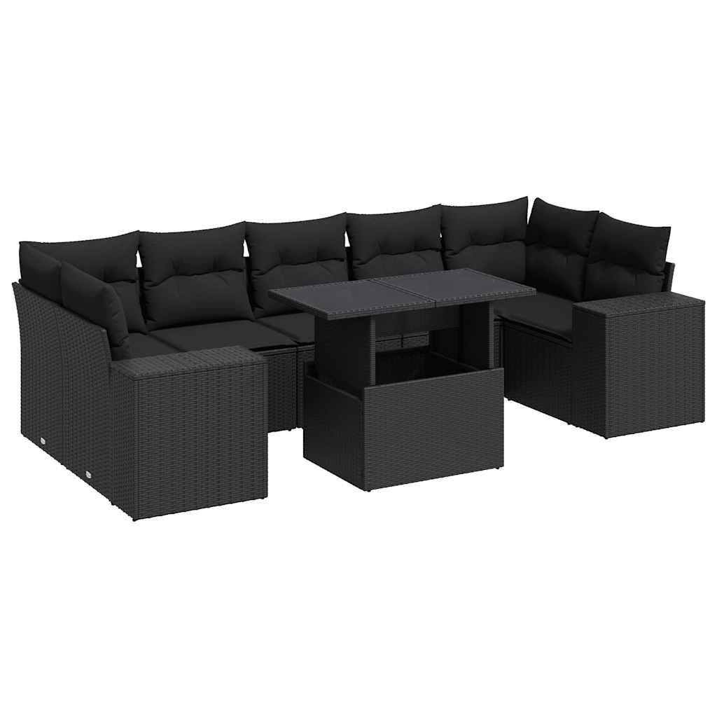 8-delige Loungeset met kussens poly rattan zwart