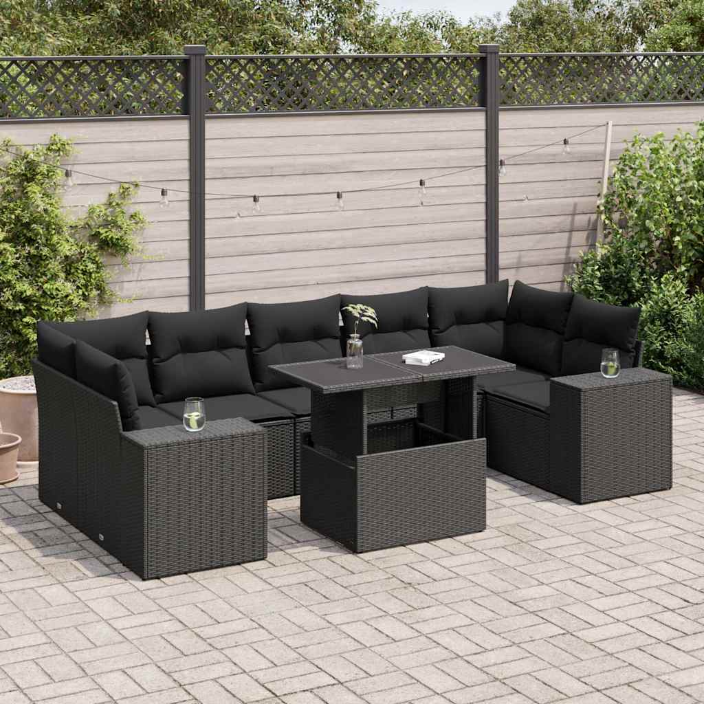 8-delige Loungeset met kussens poly rattan zwart