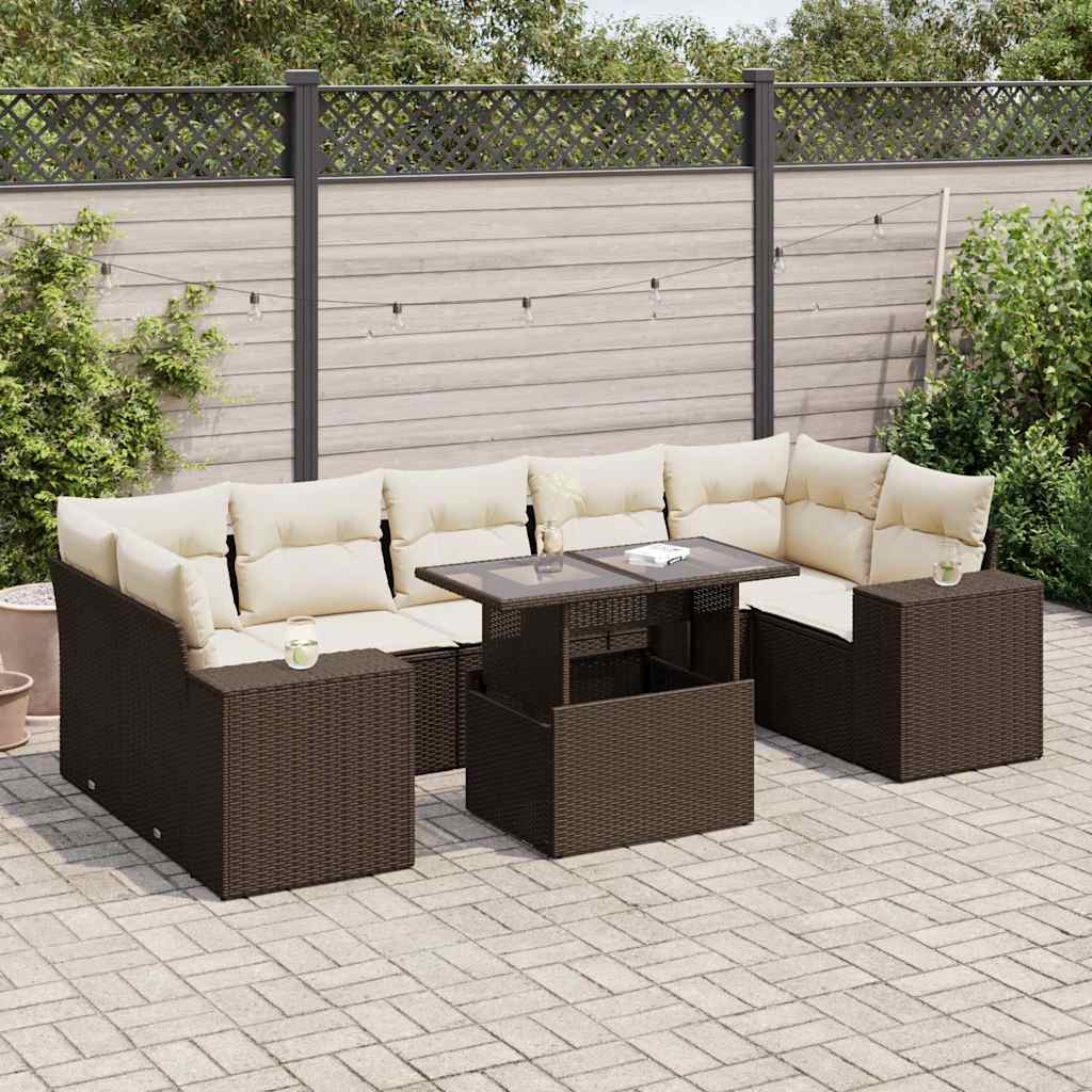 8-delige Loungeset met kussens poly rattan bruin