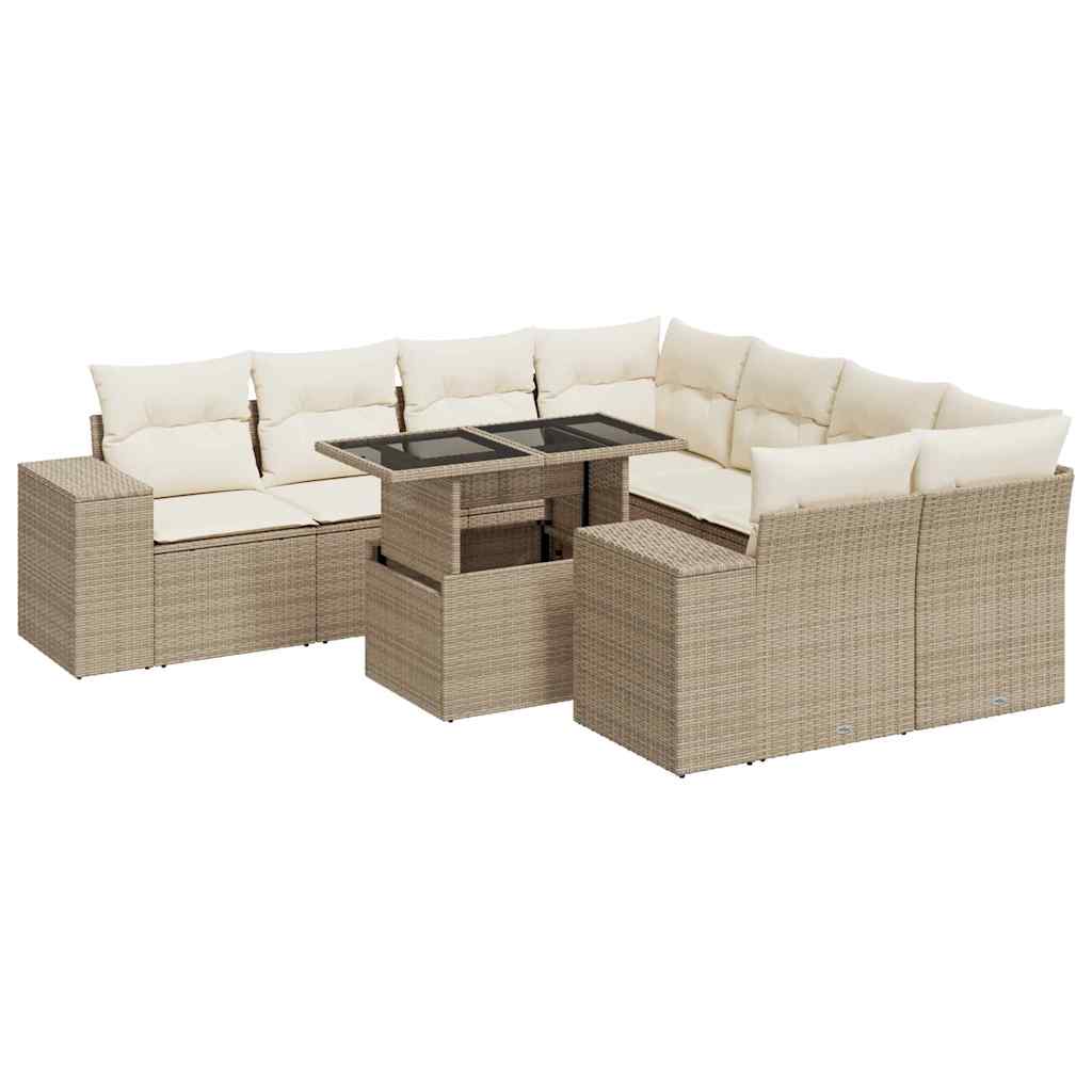 9-delige Loungeset met kussens poly rattan beige