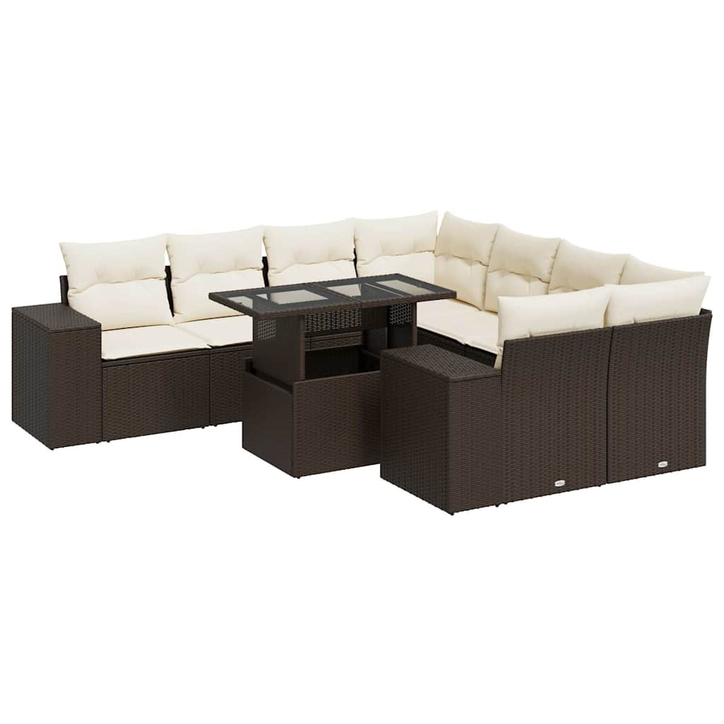 9-delige Loungeset met kussens poly rattan bruin