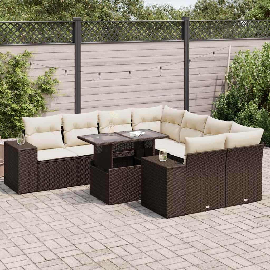 9-delige Loungeset met kussens poly rattan bruin