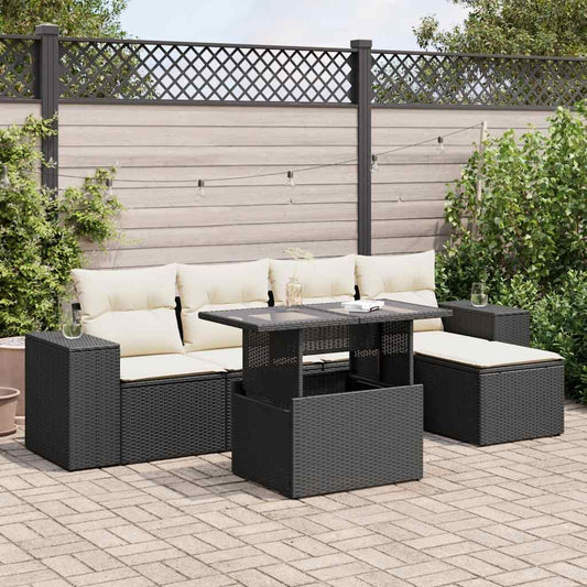 6-delige Loungeset met kussens poly rattan zwart