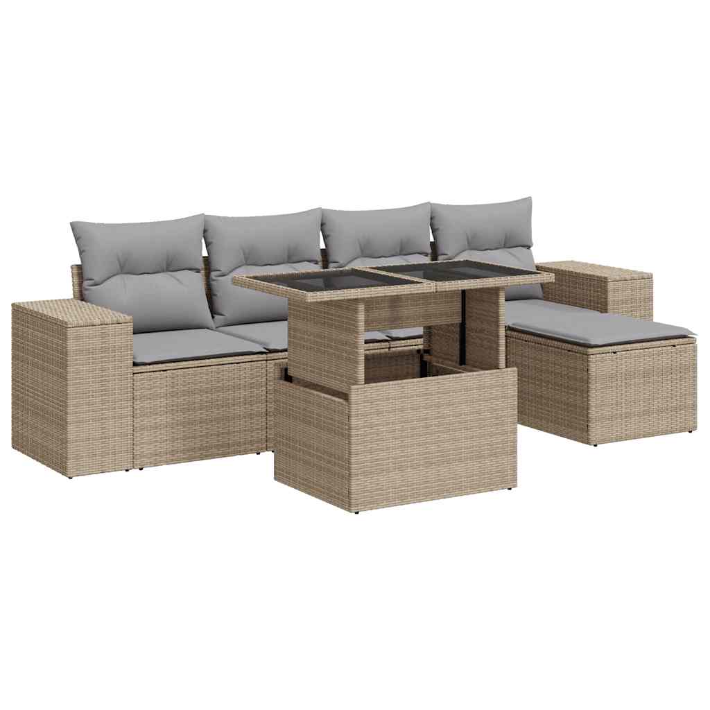 6-delige Loungeset met kussens poly rattan beige