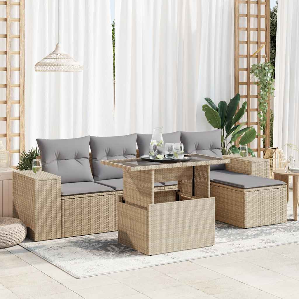 6-delige Loungeset met kussens poly rattan beige