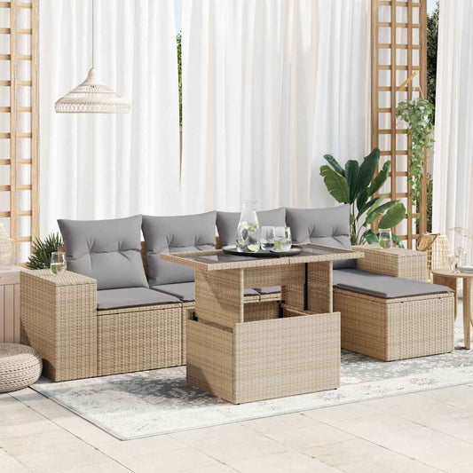 6-delige Loungeset met kussens poly rattan beige