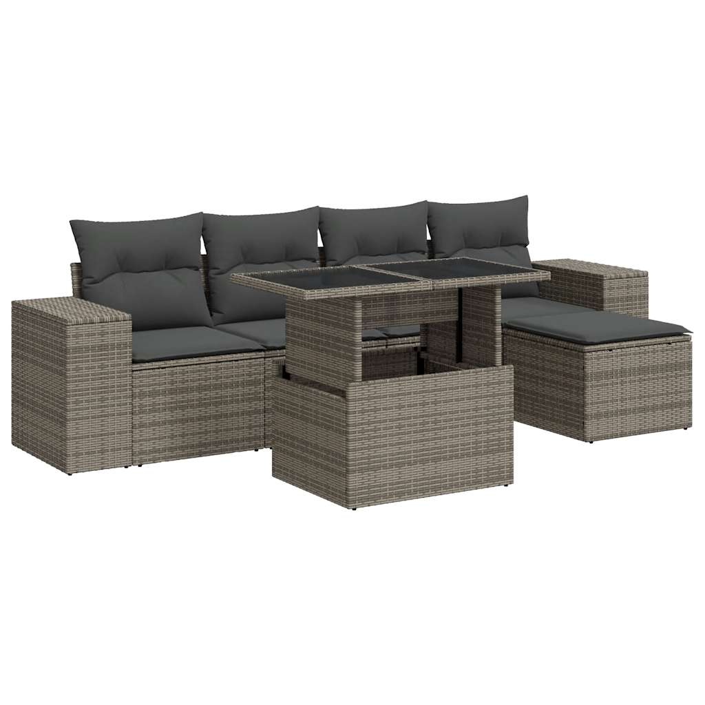 6-delige Loungeset met kussens poly rattan grijs