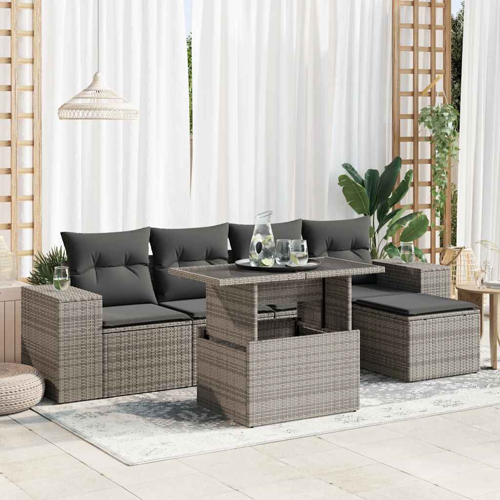 6-delige Loungeset met kussens poly rattan grijs